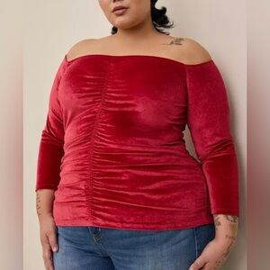 Torrid Stretch Velvet Shirred Front off the‎ shoulder Top ruby red asymmetrical